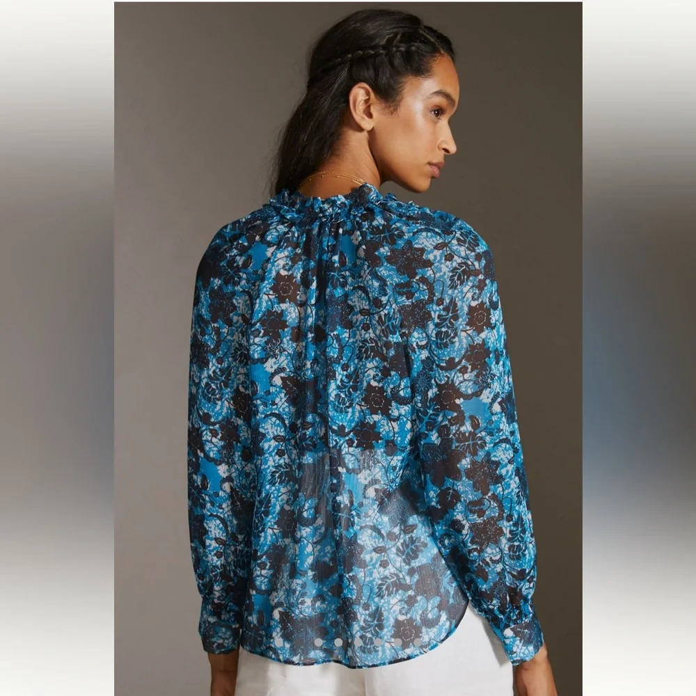 Anthropologie Sheer Printed Peasant Blouse Blue Motif XS - Picture 2 of 9